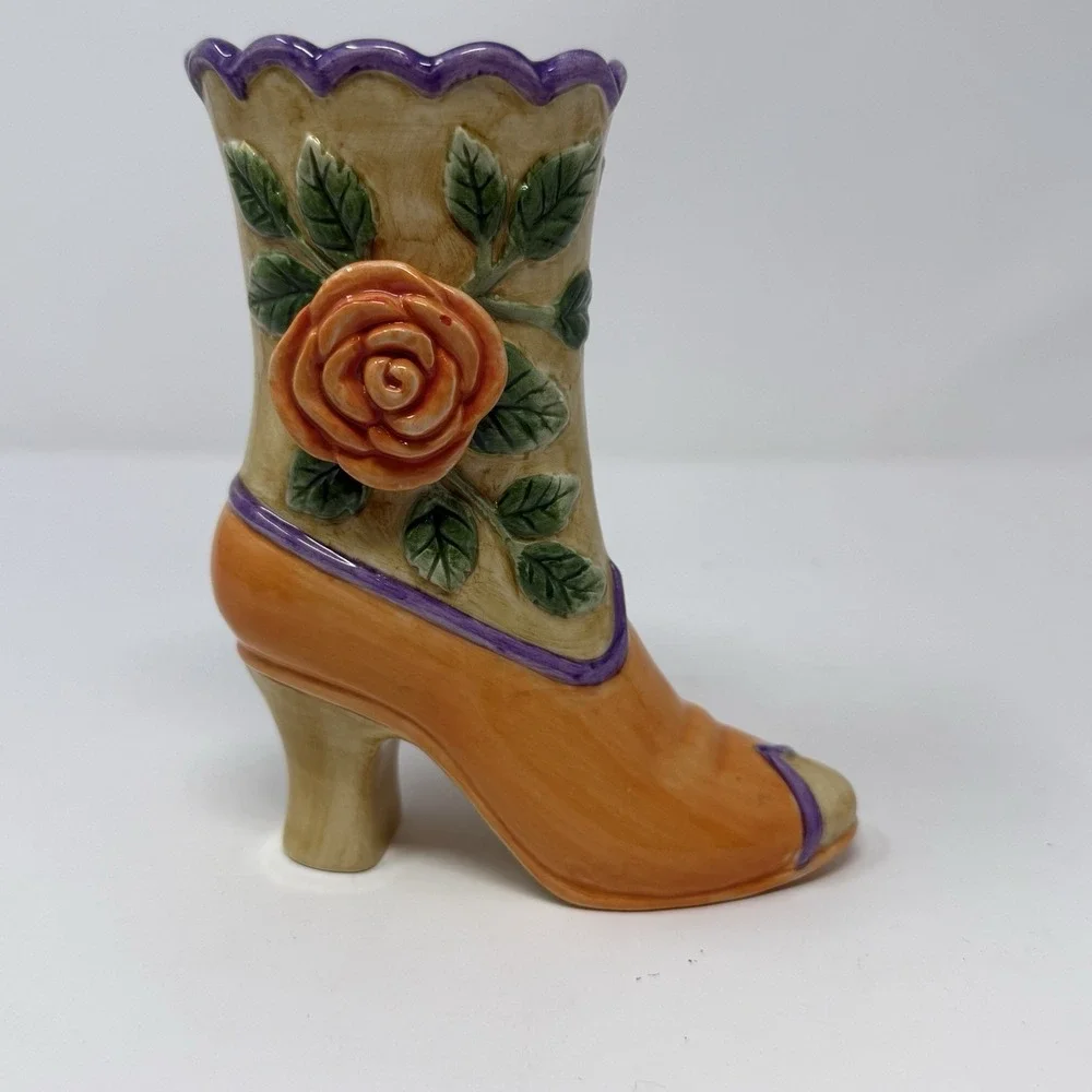 Orange & Lavendar Floral Laced Victorian Boot Vase by Fitz & Floyd